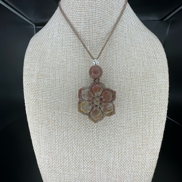 Polychrome Jasper Flower Pendant Necklace on Brown Rope - Picture 12 of 12